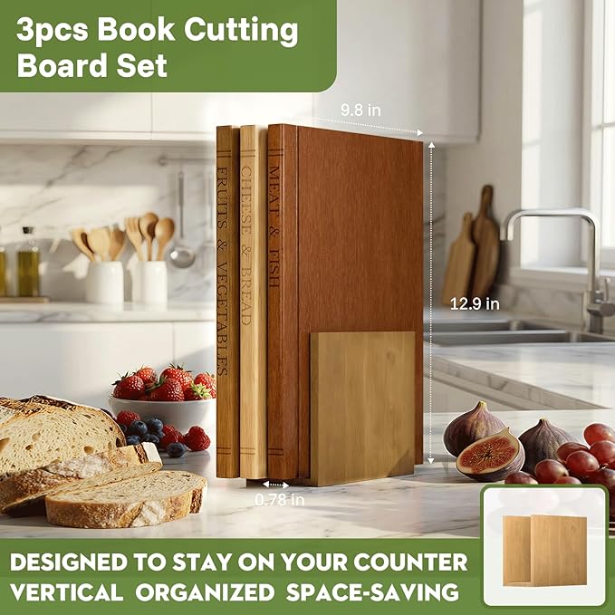 Book Cutting Board Set with Wooden Stand-Wooden Kitchen Cutting Boards That Look Like Books for Vegetables Cheese Meat, Chopping Board Gift Set for Home Cooks & Kitchen Decor