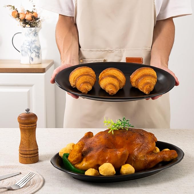 Ceramic Serving Platter, 13.7 Inch Large Oval Serving Trays, Dinner Plates, Serving Dish Set for Dessert Appetizers Meat/Entertaining/Party, Set of 2, Matte Black