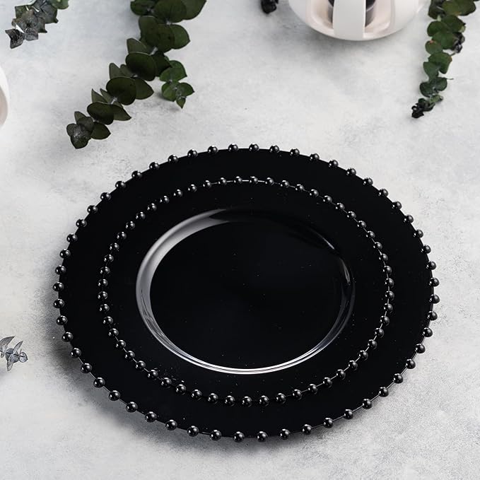 PLASTICPRO 64 Piece Combo Plastic Dinner Plates Disposable Plastic Fancy Heavy Duty Party Dishes 7 inch and 10 inch, Black Beaded