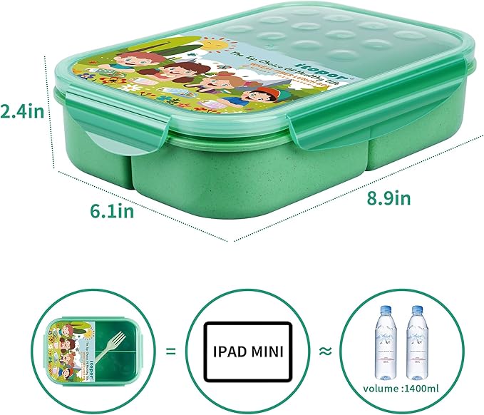 Wheat Straw Lunch Box, Leakproof 3-Compartment Bento Box for Kids & Adults, BPA-Free, Microwave & Dishwasher Safe, 5.5 Cup/1400 ml, Sage Green
