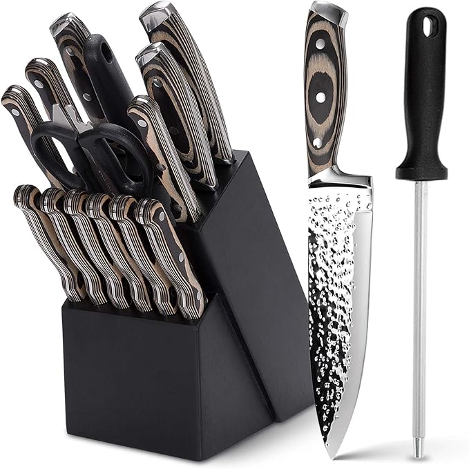 Knife Sets for Kitchen,15-piece Hammered Desgin Knife Set with Block and Sharpener, High Carbon Stainless Steel Chef Knives with Grey Triple Rivet Handle, Ultra Sharp and Dishwash Safe
