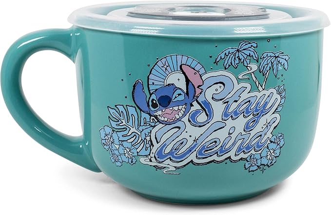 Silver Buffalo Lilo and Stitch Stay Weird Ceramic Soup Mug with Vented Plastic Lid, 24 Ounces
