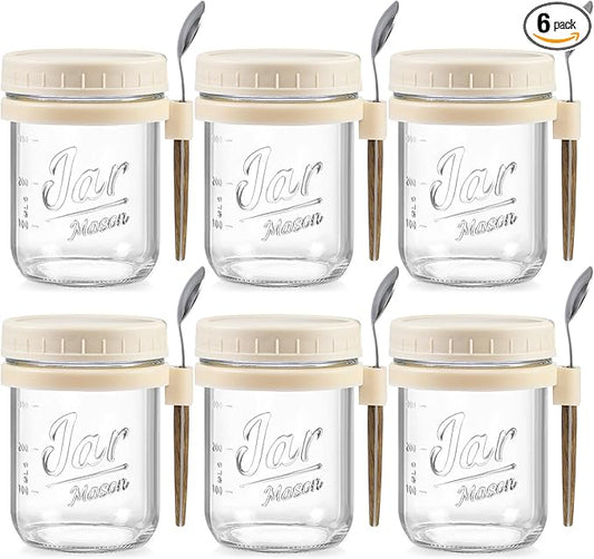 6 Pack Overnight Oats Containers with Lids and Spoons, 16 oz Glass Mason Overnight Oats Jars, Large Capacity Airtight Jars for Milk, Cereal, Fruit(Beige）