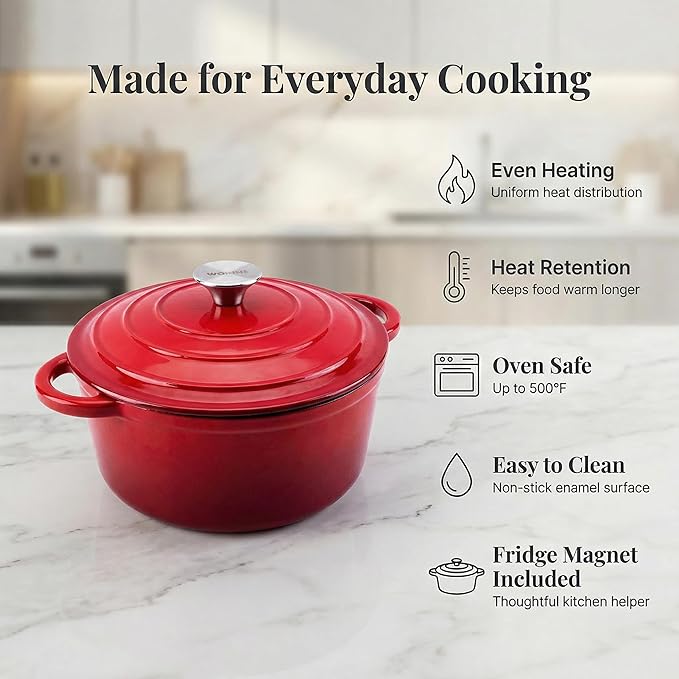 5.5QT Enameled Cast Iron Dutch Oven Pot with Lid,Heavy-Duty Cookware for Sourdough Bread Baking,Braising,Stews,Roasting,Oven Safe up to 500°F,RED