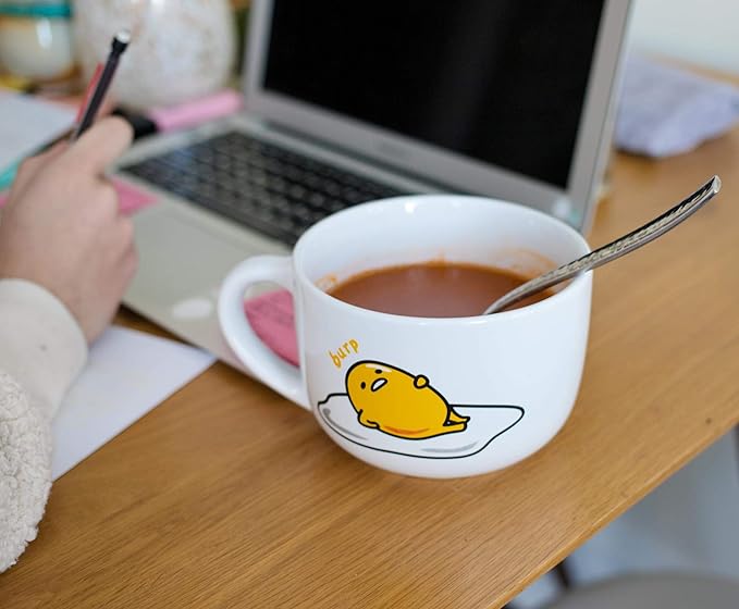 Silver Buffalo Sanrio Gudetama Burp Late Night Snack Lazy Egg Ceramic Soup Mug with Vented Plastic Lid, 24 Ounces