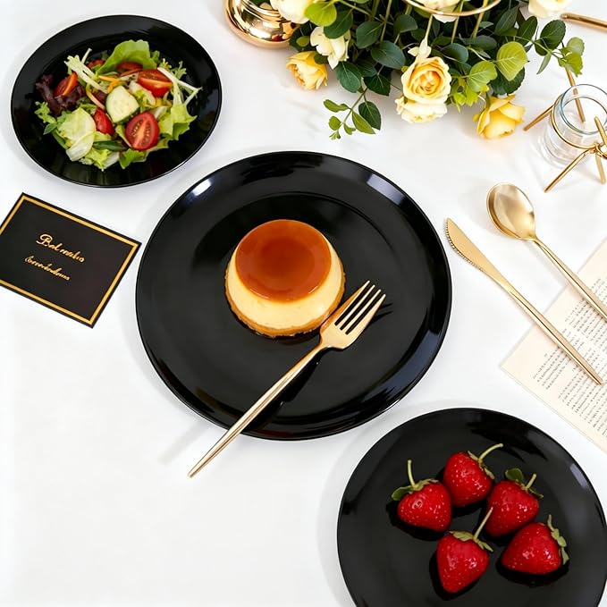 I00000 200 PCS Black Plastic Plates for 100 Guests Include: 10.25 inch 100 Pieces Dinner Plate and 7.5 inch 100 Pieces Dessert Plate, Premium Plastic Plates Perfect for Birthday, Wedding & Party