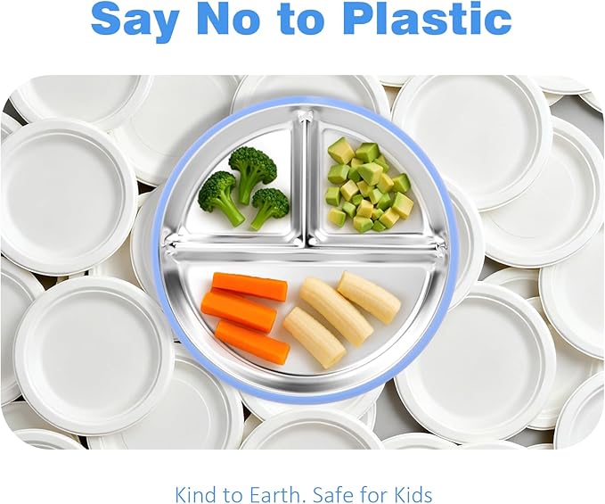 Stainless Steel Suction Plates for Toddlers, 8" Divided Kids Baby Plates with Removable Silicone Suction, Non Toxic Non Slip Portion Control Snack Dishes 3 Packs, Blue Gray Beige