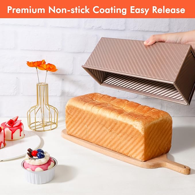 Beasea Pullman Loaf Pan with Lid, 2 Pack 2 lb Large Bread Loaf Pans 12x4inch Nonstick Carbon Steel Toast Box with Dough Scraper Set for Homemade Bread Sandwich Oven Baking - Rose Gold