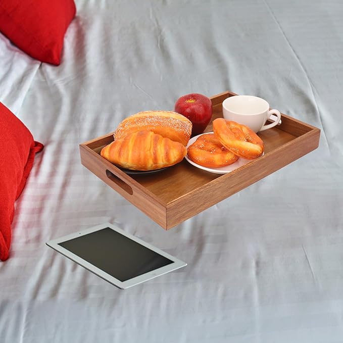 3 PCS Acacia Wood Serving Tray with Handles - 15 x 10 Inch Elegant Rectangle Wooden Tray for Food, Decorative Snack Tray, Breakfast and Kitchen Tray, Ideal Wooden Serving Platter for Homes