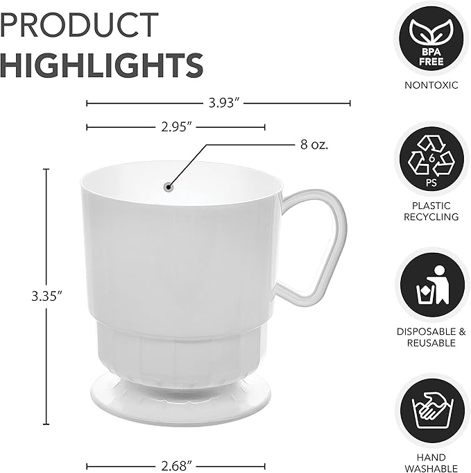 Party Essentials 8-Ounce Hard Plastic Coffee Cup/Tea Mug with Handle, 20-Count, Deluxe White (Pack of 2)
