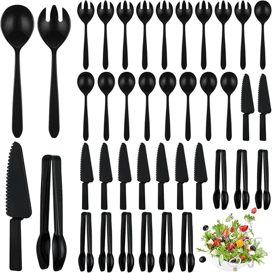 40 Set Disposable Plastic Serving Utensils Include10 Pcs 6.3" Serving Tongs 10 Spoons 10 Forks 10 Knives for Buffets Food Home Weddings Family Gathering Birthday Party Supplies(Black)