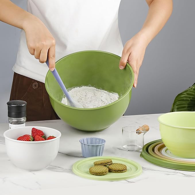 Plastic Mixing Bowls with Lids Set for Kitchen, Nesting Bowls for Mixing, Baking, Prepping, Cooking and Serving Food, Mixing Bowls Dishwasher, Microwave Safe (Green)