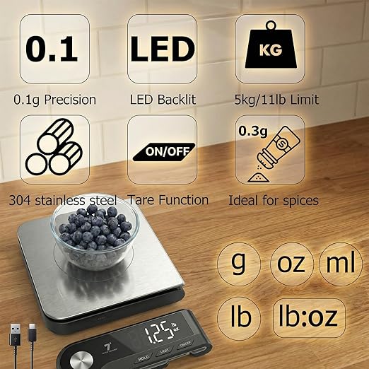 11lb Digital Kitchen Food Scale with Pull Out Display & Meat Thermometer, 0.1g Precision Wireless Scale for Baking, 304 Stainless Steel, LED Screen, 5 Units, USB Rechargeable