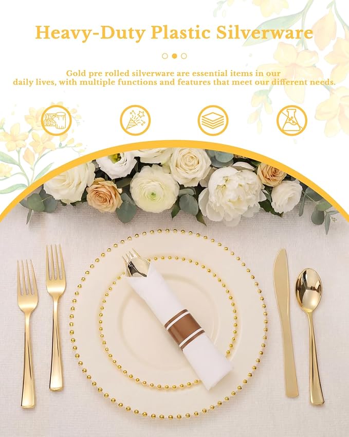 Supernal 240 Pcs Pre Rolled Napkins with Gold Plastic Silverware - 60 Sets Elegant Disposable Wrapped Cutlery: Heavy Duty Gold Forks, Knives, Spoons for Weddings, Parties, & Catering Events