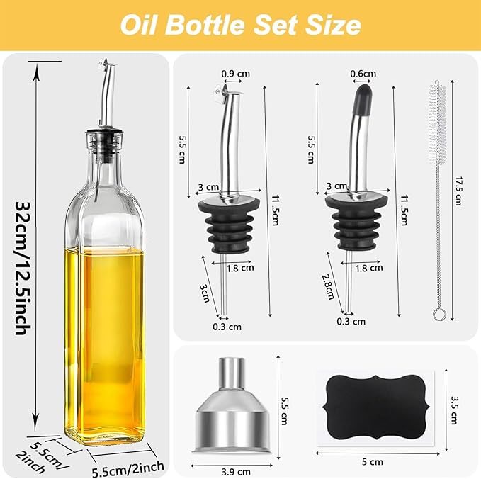 Olive Oil Dispenser Bottle - 500ml Glass Oil and Vinegar Bottles Set for Kitchen with 2 Stainless Steel Pourers, Funnel, Brush and 2 Labels, Kitchen Oil Bottles with Drip-Free Design