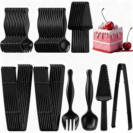 50 Pcs Disposable Plastic Serving Utensils Set Include 8.5'' Serving Spoons Forks 9'' Tongs and Knives for Birthday Party Buffet Dinner Food Salad Utensils Christmas (Black)