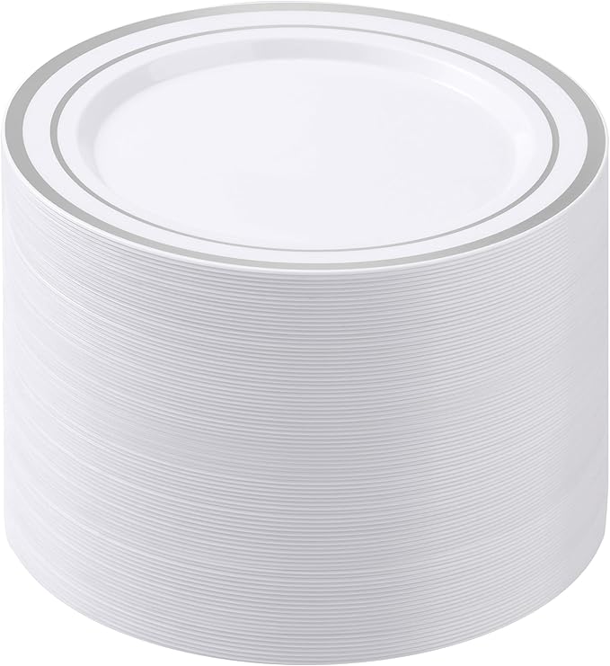 BESTSTAR 100PCS White Plastic Plates for Party, 10.25 Inch Disposable Plates with Silver Rim, Heavy Duty Dinner Plates for Wedding and Birthday