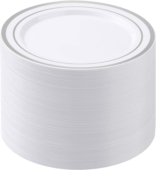 BESTSTAR 100PCS White Plastic Plates for Party, 10.25 Inch Disposable Plates with Silver Rim, Heavy Duty Dinner Plates for Wedding and Birthday