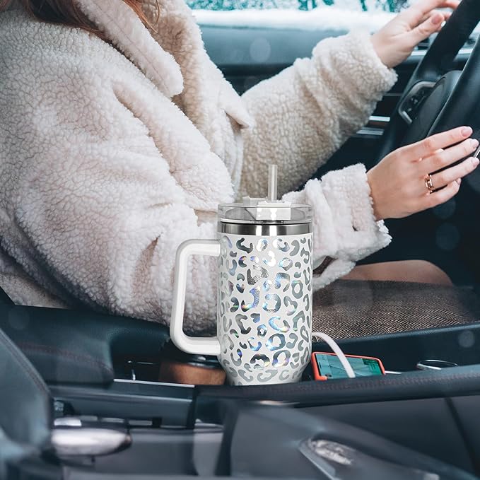 40 oz Tumbler with Handle and Straw, 100% Leak-Proof Travel Mug, Stainless Steel Double Wall Vacuum Insulated Coffee Cup Keeps Cold For 34 Hours, Dishwasher Safe, White Leopard