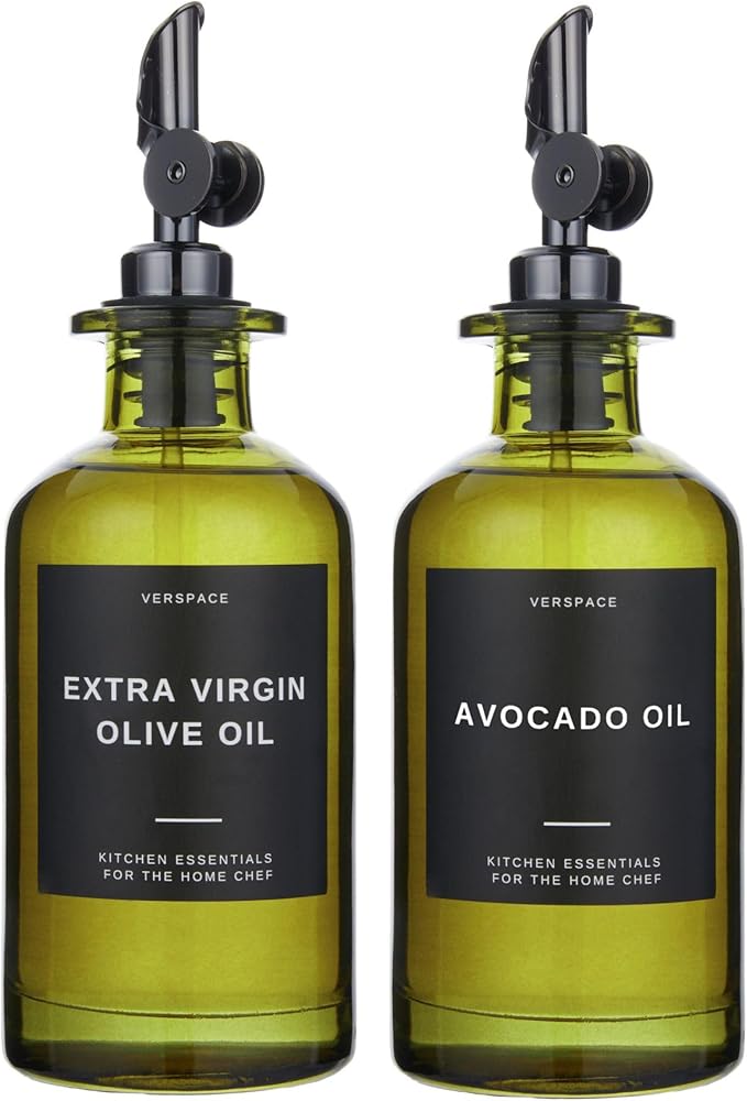 UV-Protected Green Glass Olive Oil Dispenser Bottles For Kitchen - Includes 40 Kitchen Essential Labels, Avocado Oil Dispenser Set, Modern Decor for Home, Airbnb, Cafe Set of 2