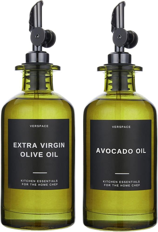 UV-Protected Green Glass Olive Oil Dispenser Bottles For Kitchen - Includes 40 Kitchen Essential Labels, Avocado Oil Dispenser Set, Modern Decor for Home, Airbnb, Cafe Set of 2