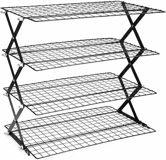 4 Tier Collapsible Cooling Rack, Adjustable Stackable Wire Cooling Racks for Baking, Tight-Grid Cookie Cooling Rack, Space-Saving Baking Rack for Small Kitchen, Camping & BBQ