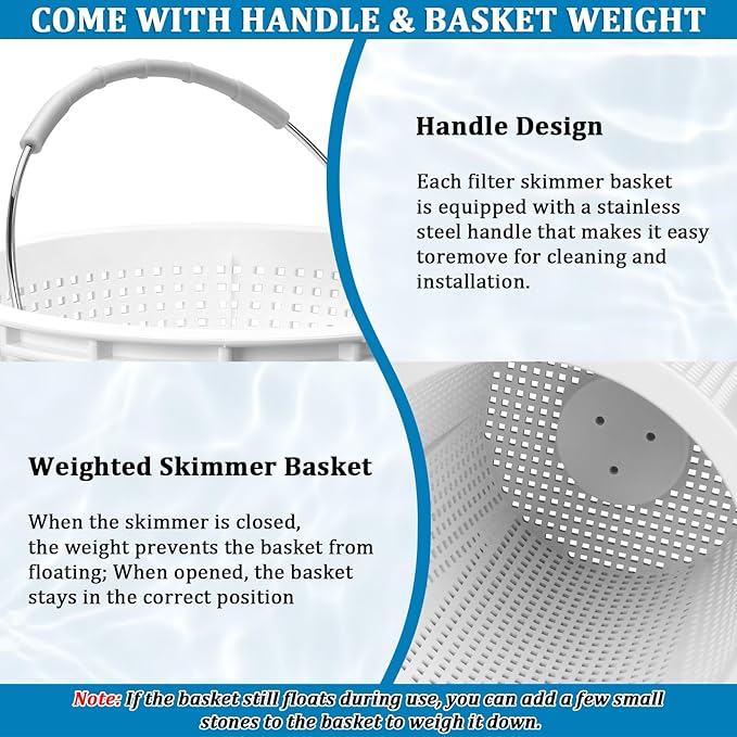 New Heavy Duty 8" Pool Skimmer Basket for Inground Pools Compatible with Pentair 85014500 & S200 Pool Skimmers | Built-in Weighting | 316 Stainless Steel Handle & Rubber Grip, White