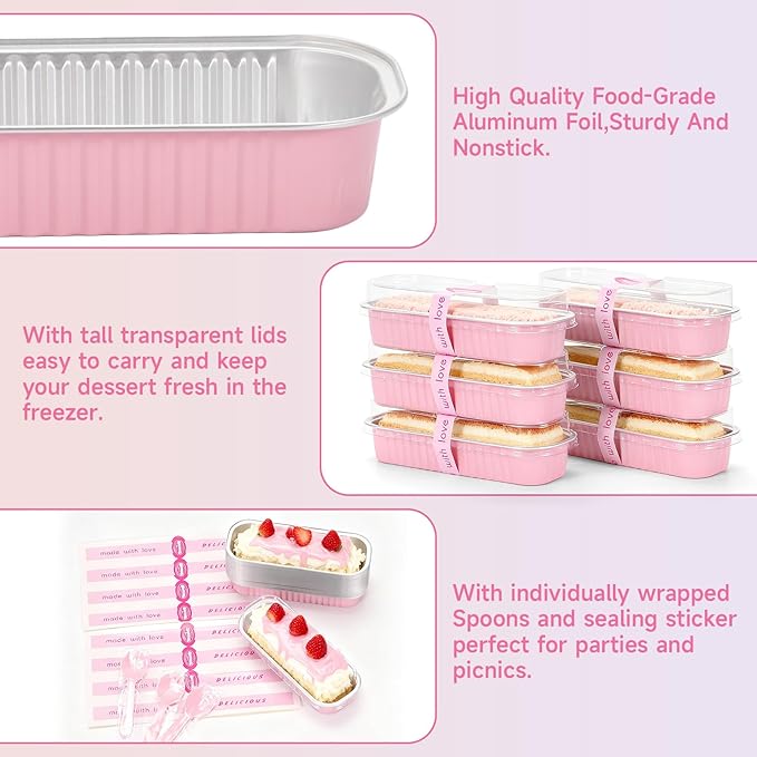 6.8oz Mini Loaf Pans with Lids, 100 Pcs Disposable Rectangular Aluminum Cake Pans, Pink Baking Pans with Lids and Spoons, Includes 20 Pink Gift Bags, Small Cake Tins Ideal for Cakes