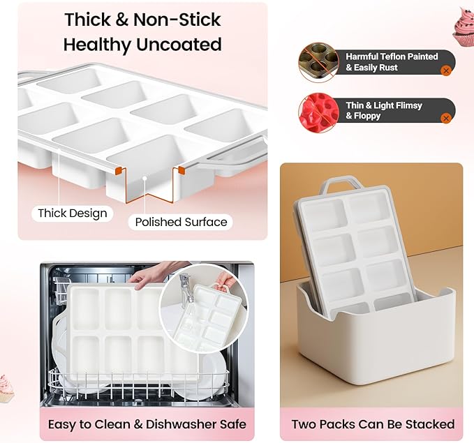 SJ Silicone Mini Loaf Pans with Metal Reinforced Frame-2 Pack, Non-stick Silicone Mini Bread Loaf Pans for Baking 8-Cavity, Tiny Banana Bread Set, Dishwasher Safe Brownie Pan-Gray