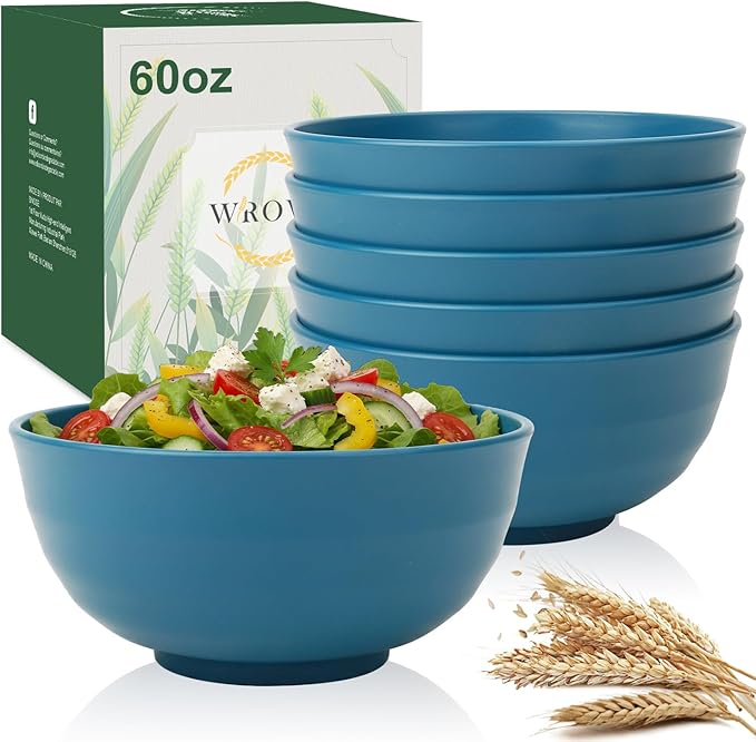 Wrova Big Salad Bowls for Kitchen, Premium 60oz Wheat Straw Bowls Set of 6, Unbreakable Cereal Bowls Popcorn Bowls Reusable, Microwave Safe Salad Bowls Large Serving for Fruit,Rice and Oatmeal- Blue