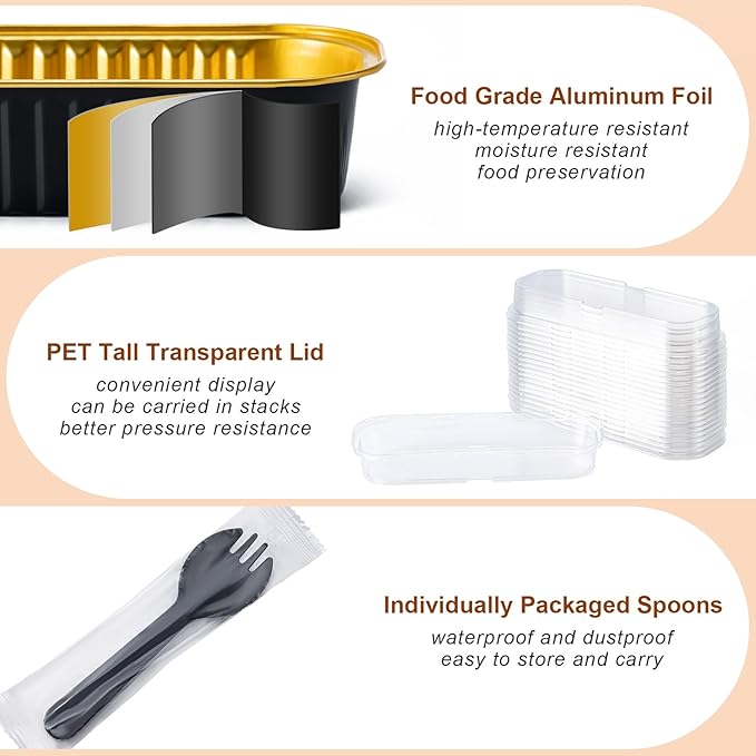 25 Pack Mini Cake Pans with Lids and Spoons, Small Aluminum Foil Loaf Pans, Rectangular Baking Containers for Party and Picnics, 6.8oz (Black/Gold)