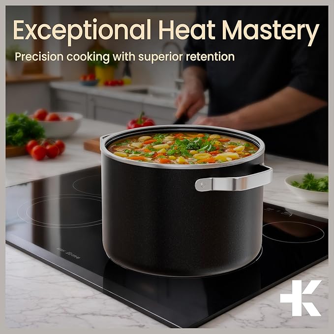 Bakken 5 Quart Ceramic Coated Stock Pot with Lid, Easy to Clean Nonstick Pot, Tempered Glass Lid, Riveted Stainless Steel Handles, Oven Safe Up To 500°F, PTFE & PFAS Free, All Stove Compatible, Black