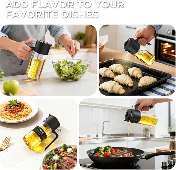 2Pcs 17oz Premium Olive Oil Sprayer for Cooking, 2 in 1 Glass Olive Oil Dispenser Bottle for Kitchen Gadgets, Spray Bottle with Portion Control for Salad, Frying, BBQ (Black & Lime Yellow)