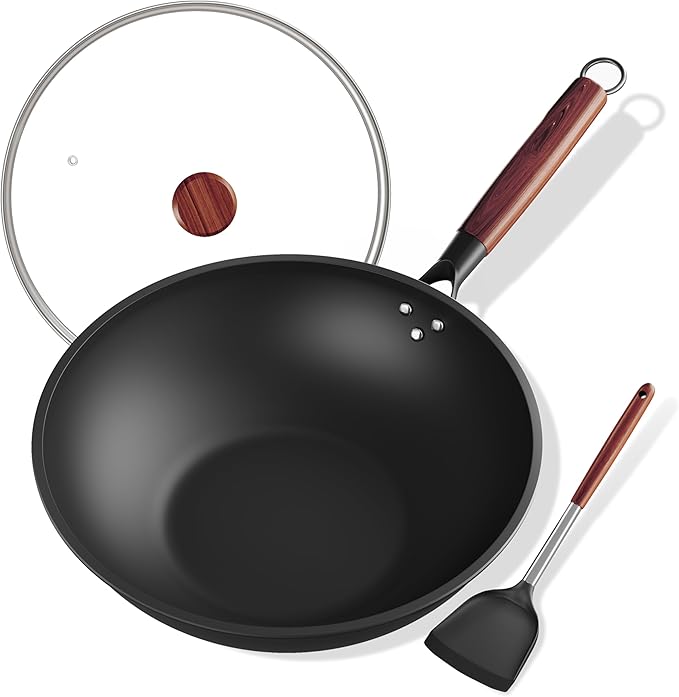 Carbon Steel Wok 13-Inch Wok Pan with Glass Cover Silicone Spatula, Non-Stick Surface Woks & Stir-Fry Pans Pre-Seasoned Chinese Wok Pan for Induction, Electric, Gas Stoves Cooking