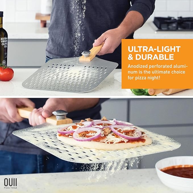 Perforated Pizza Peel 12 x 14 Inch. - Aluminum Metal Spatula Paddle for Grill with Foldable Handle. Pizza Oven Accessories and Tools. Turning Peel, Bread, Pastry, Dough, Cake.
