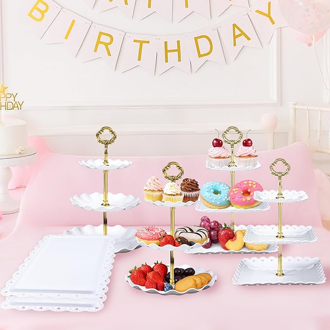 Frigg Dessert Table Display Set,10Pcs Cake Stand,4 Pcs 3 tiered Cupcake Stands and 6 Pcs Dessert Trays serving trays for Party Baby Shower Wedding Tea Party Decorations