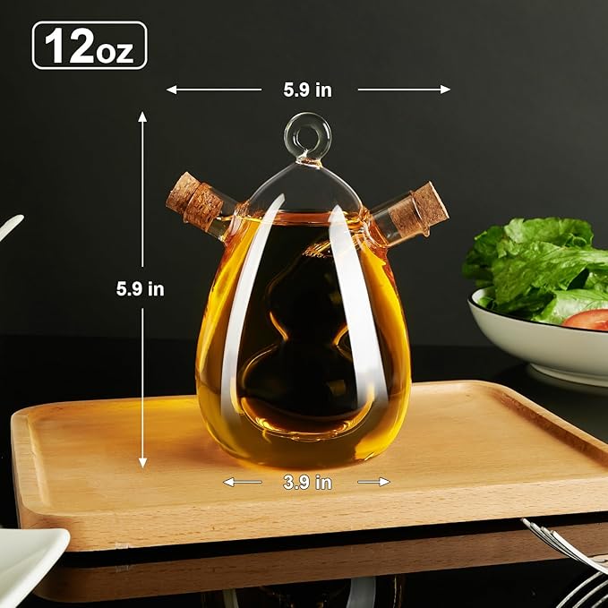 PARACITY Oil and Vinegar Dispenser Bottle 2 in 1, Olive Oil Dispenser Bottle for Kitchen with Cork Stoppers, 12OZ Transparent Glass Vinegar Dispenser