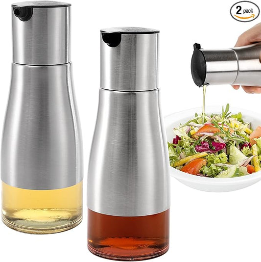 Tebery 2 Pack Silver Olive Oil and Vinegar Dispenser Set, 10OZ Oil Dispenser Cruet with Easy & Drip Free Pouring, Elegant Stainless Steel with Glass Bottom
