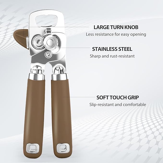 Can Opener Manual, Heavy Duty Stainless Steel Smooth Edge Can Opener With Soft Touch Handle, Oversized Handheld Easy Turn Knob, Multi-Function Bottle Opener, Coffee