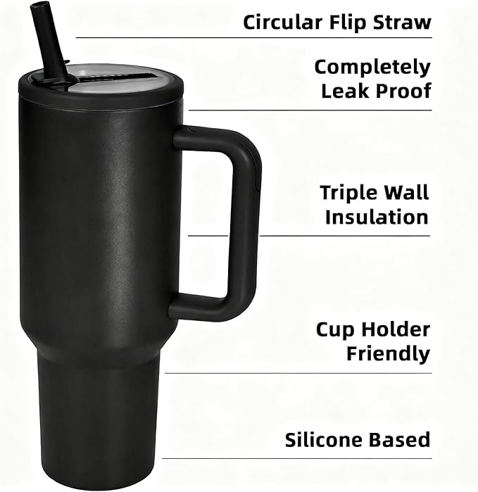 40 oz Insulated Tumbler with Handle,Flip Straw,Lid & Rubber Base Stainless Steel Water Bottle - Leak Proof Vacuum Insulated Mug BPA Free Reusable Travel Cup Gifts for Women/Men (black 40OZ)