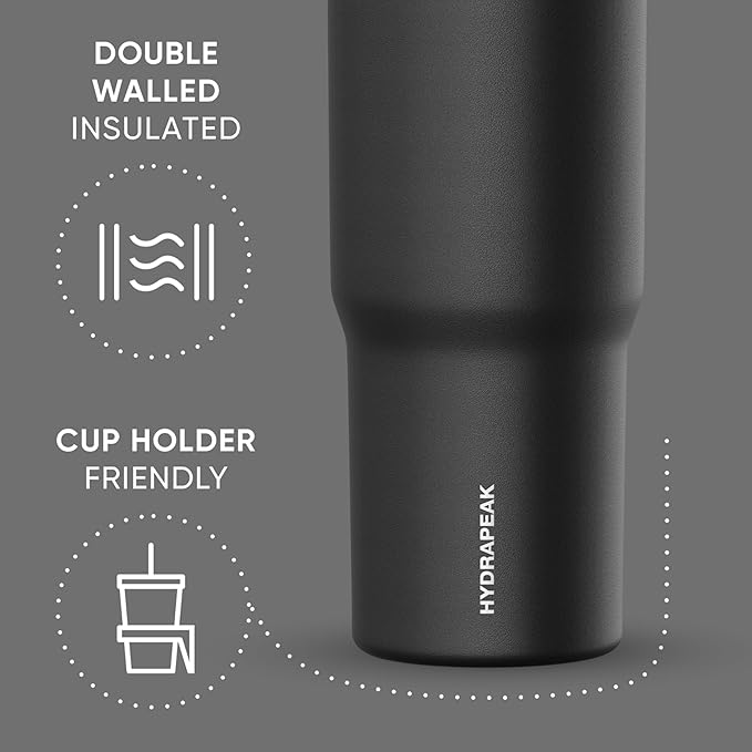 Hydrapeak Nomad 32 oz Tumbler with Handle and Straw Lid, Leakproof, Double Insulated, 32oz Cup, Stainless Steel | Black