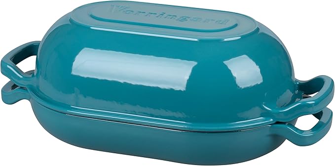 Enameled Cast Iron Sourdough Bread Oven, Dutch Oven, Loaf Cast Iron Bread Pan for Homemade Bread Baking, Meatloaf Pan with Lid, 5QT, Bluegreen