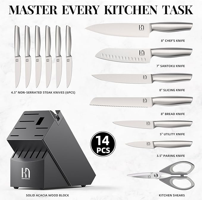 Knife Set Premium, Kitchen Knife Block Set 14 Pcs Japanese High Carbon Stainless Steel Enduring Razor Sharp, Black Chef Knives Set for Kitchen with Built-in Sharpener and Acacia Wood Block