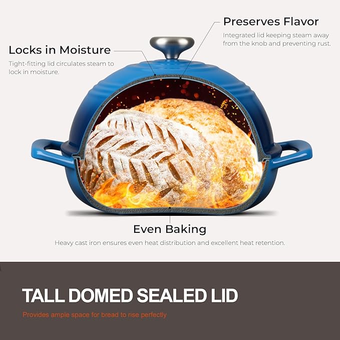 Overmont Enameled Cast Iron Bread Oven - 6QT Bread Dutch Oven for Sourdough Bread Baking - Bread Pot with Dome Lid Cotton Potholders & Cookbook - Multi-Functional Bread Pan For Baking Frying Roasting
