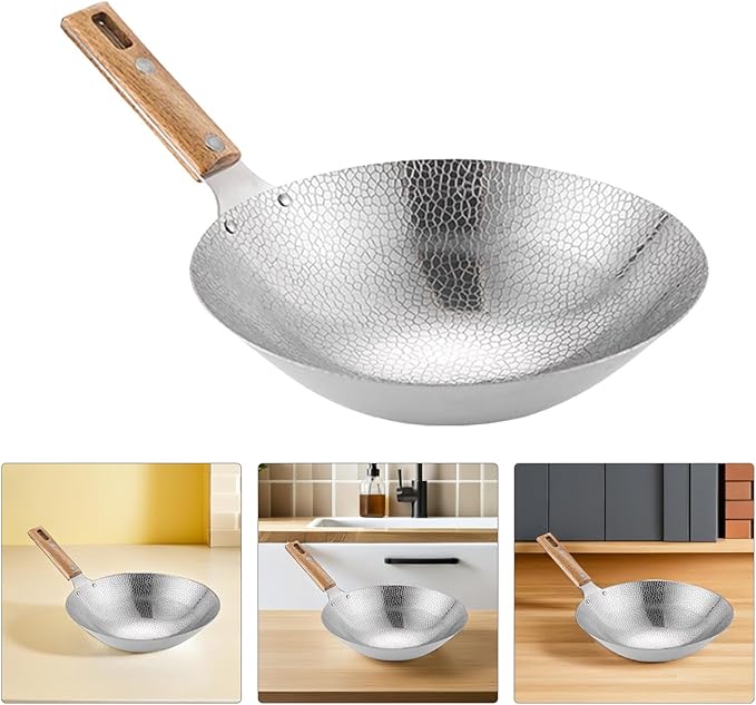 Cabilock Stainless Steel Cooking Wok 12.99 Inch Traditional Frying Pan with Wooden Handle Hanging Hole for Home Kitchen Stir Fry and Saut