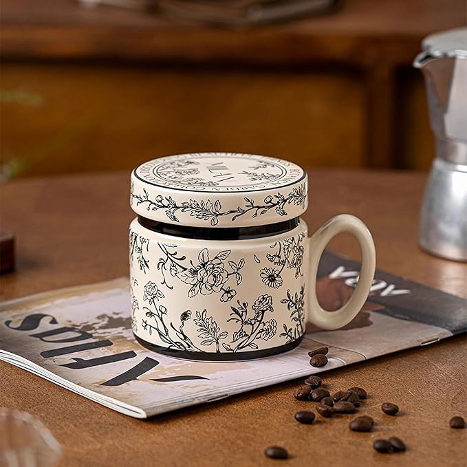 12.9oz Ceramic Coffee Mug with Lid,Flower Patterned Porcelain Mug,Ceramic Tea Cup Coffee Latte Mug for Office and Home,Black,1 Piece