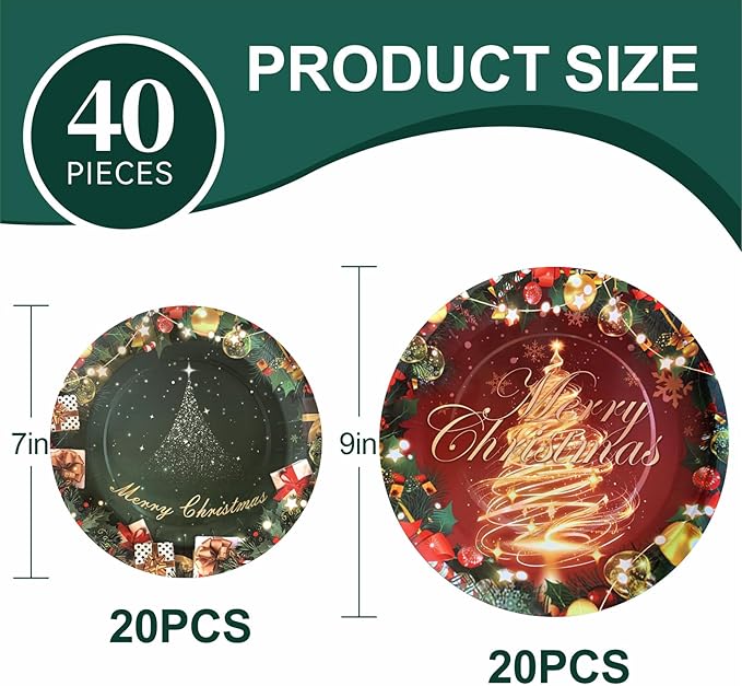 Christmas Paper Plates, 40pcs Party Paper Plate Set Disposable Christma Party Food Dinner Dessert Plates Tableware Decorations Favors, Including 20pcs 9" and 20pcs 7" for Christmas Plate