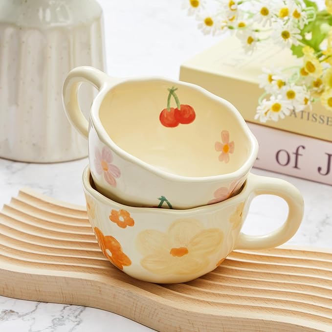 Vesici 2 Pcs Ceramic Coffee Mugs with Spoon, Vintage Floral Spring Mugs with Handle, 8.5 oz Aesthetic Flower Porcelain Tea Cup Set, Dishwasher & Microwave Safe for Home Office Gift(Fresh)
