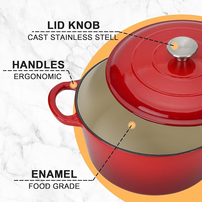 GreatChef Enameled Cast Iron Dutch Oven Casserole with Lid, 5.5 Quart, Oven Safe up to 500°F - Heavy-Duty, Versatile Cookware for Marinating, Cooking, Baking, Refrigerating, and Serving