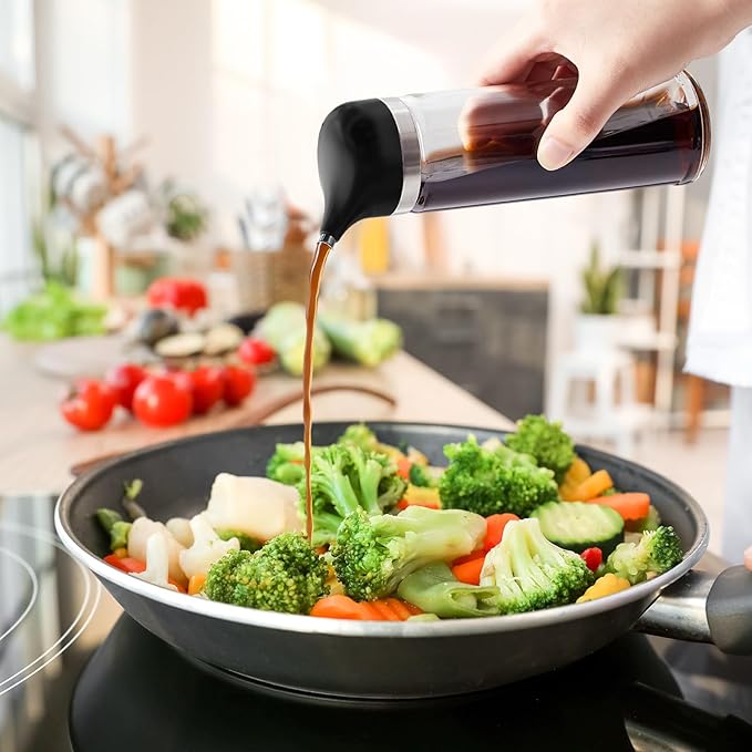2 Pcs Cruet Dispenser Set 8 oz, White and Black Glass Soy Sauce Dispenser, Small Olive Oil and Vinegar Bottles, Soy Sauce Bottle, Non Drip Spout Cruet Bottle for Kitchen Cooking